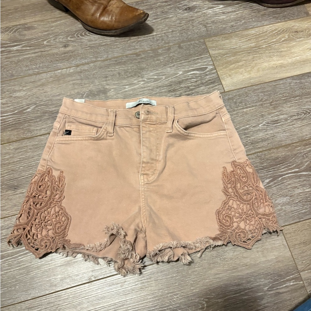 KanCan High Waist Tan Lace Trim Shorts